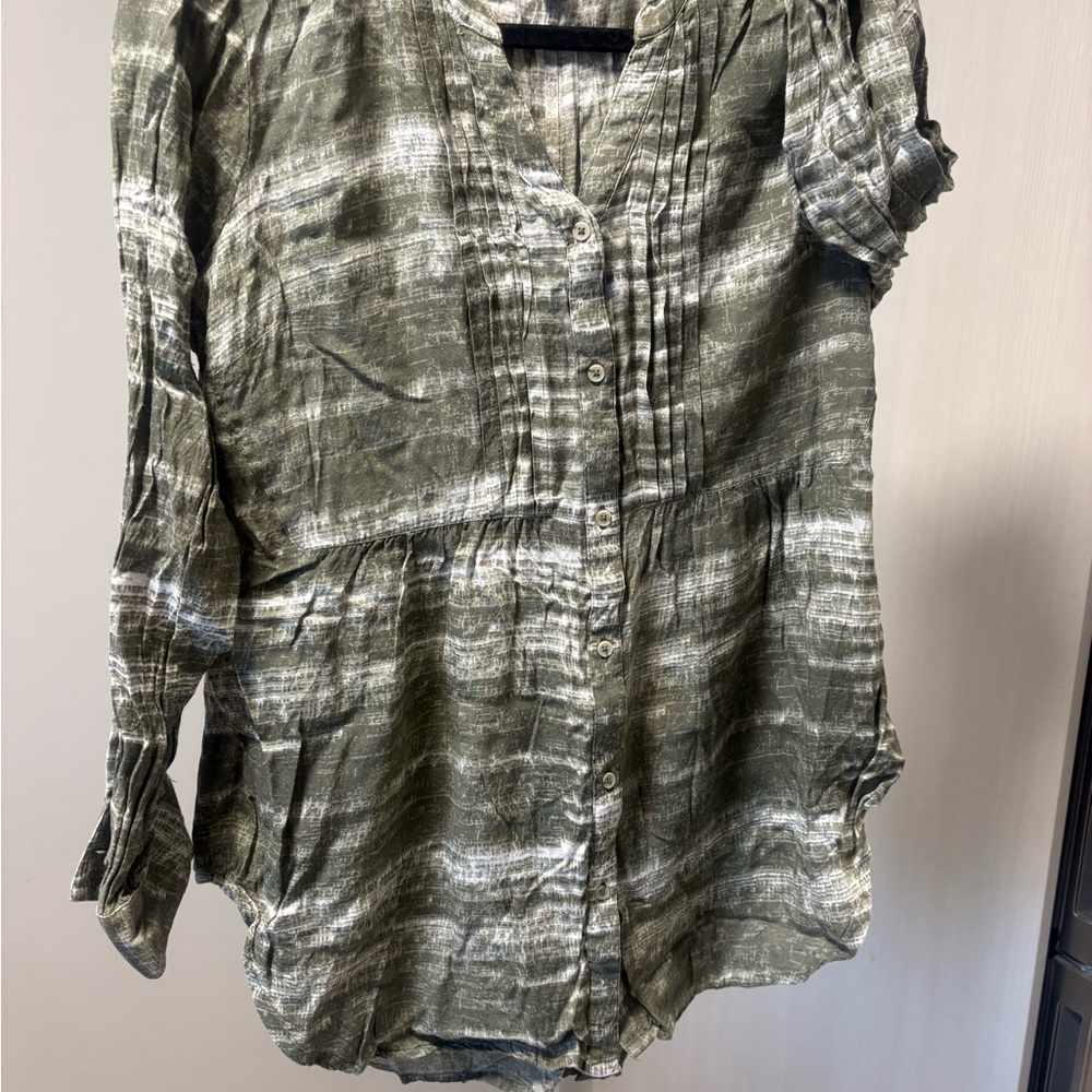 Madison Olive & White Striped Button-Down Blouse